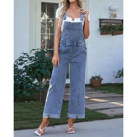 Vetinee Womens Overall Denim Loose Fit Wide Leg Bib Stretch Baggy Jeans Jumpsuti - Picture 8 of 8